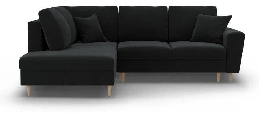 Fekete bársony kinyitható tárolóhelyes sarokkanapé (bal oldali-L alakú) Kyoto – Cosmopolitan Design