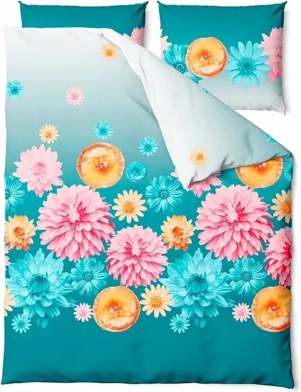 Szatén ágyneműhuzat 160x200 Blossom türkiz színes virágok