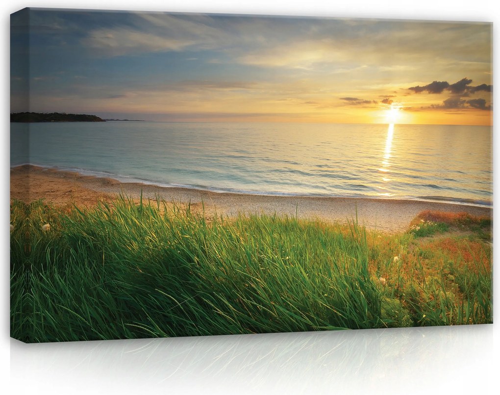 Vászonkép 60x40 Naplemente tenger tengerpart fű természet nyugalom pihenés harmónia