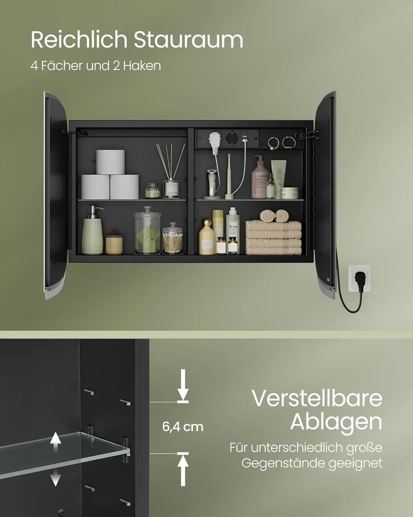 Tükörszekrény világítással, Fali szekrény, AC csatlakozóval és 2 USB porttal, fekete Outlet