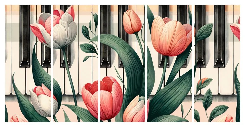 5 részes kép zongora és tulipánok virágszimfóniában