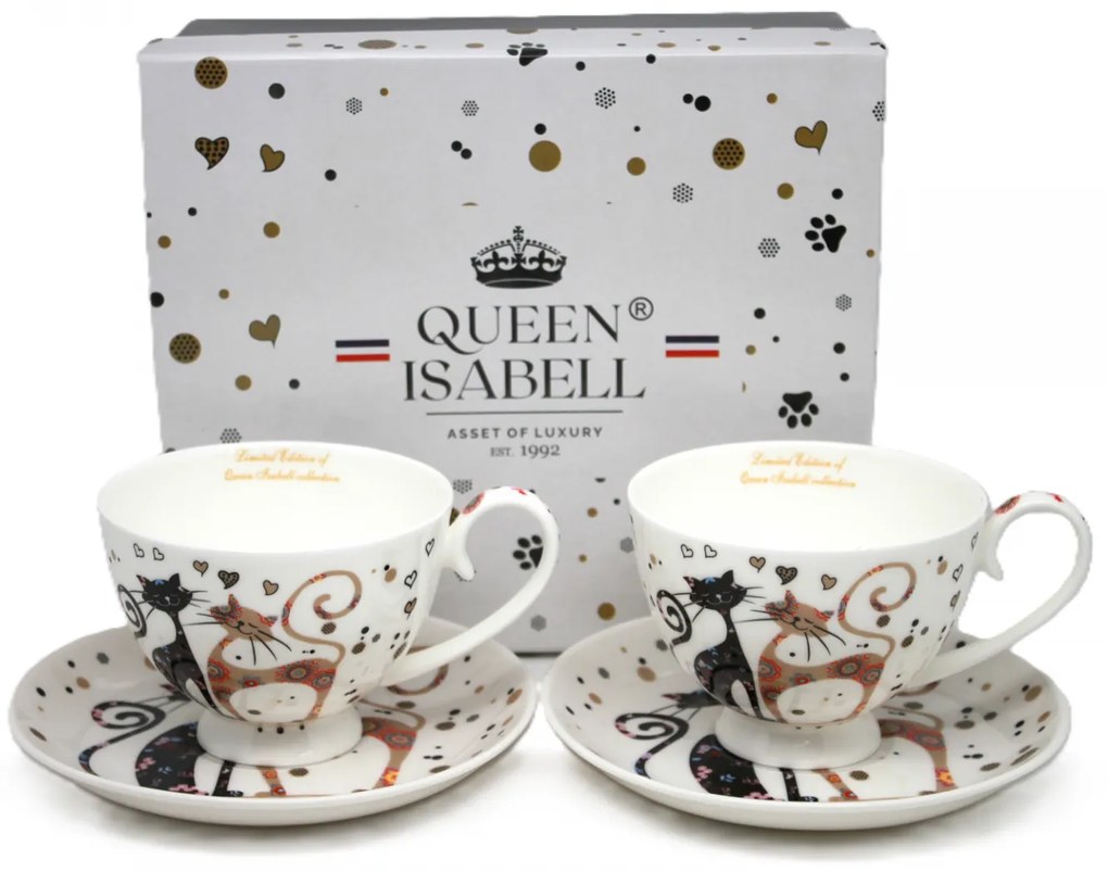 Cicás porcelán csésze aljjal 2 személyes 250 ml fekete-barna virágos macskák