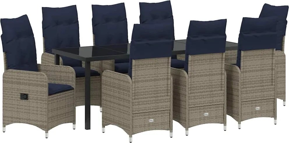 vidaXL Kert étkező szett párnával 9 pcs Fekete polirattan