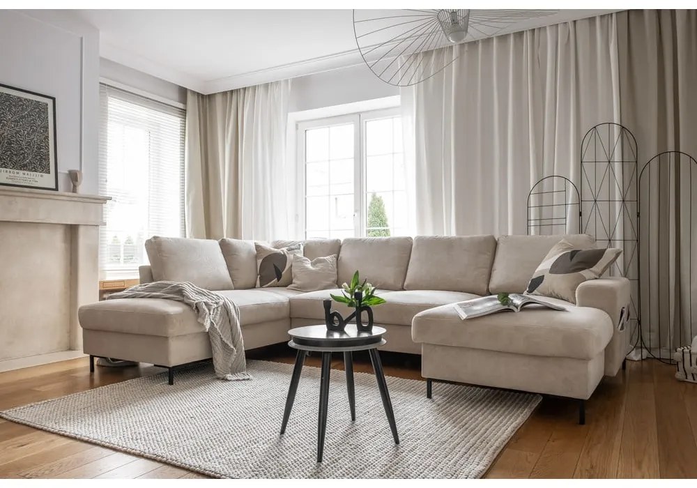 Bézs kordbársony kinyitható sarokkanapé (bal oldali) Lofty Lilly – Miuform