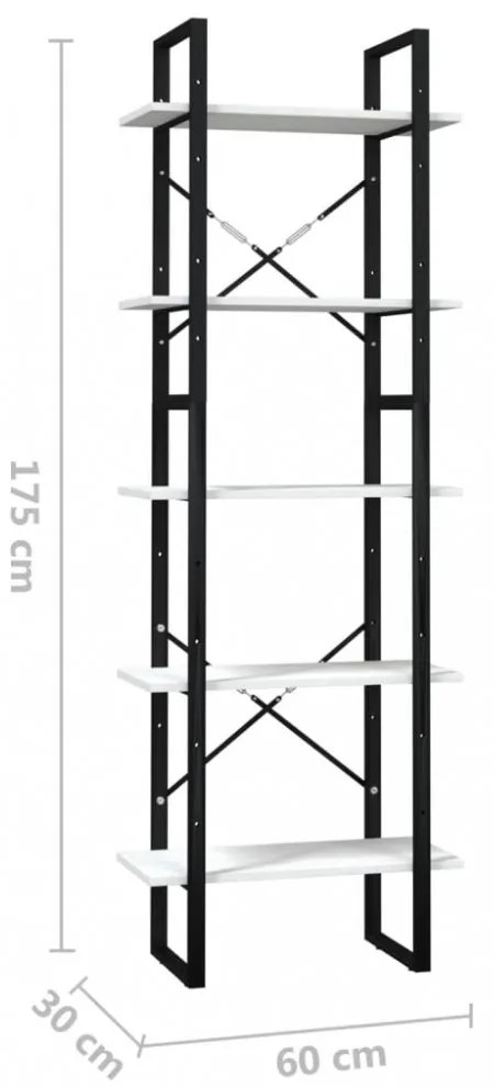ötszintes fehér fenyőfa könyvszekrény 60 x 30 x 175 cm