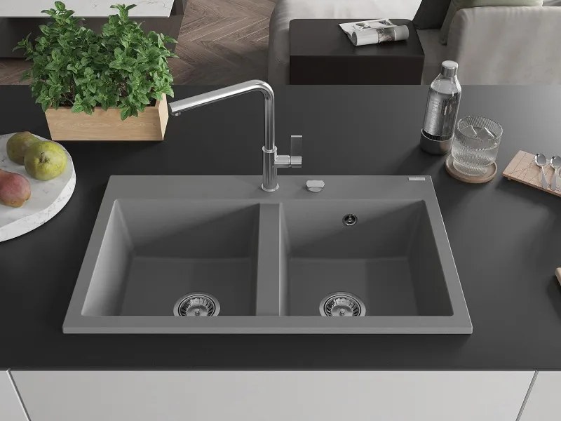 Mexen Hektor kétkamrás gránit mosogató 800 x 480 mm, szürke, króm szifon - 6521802000-71