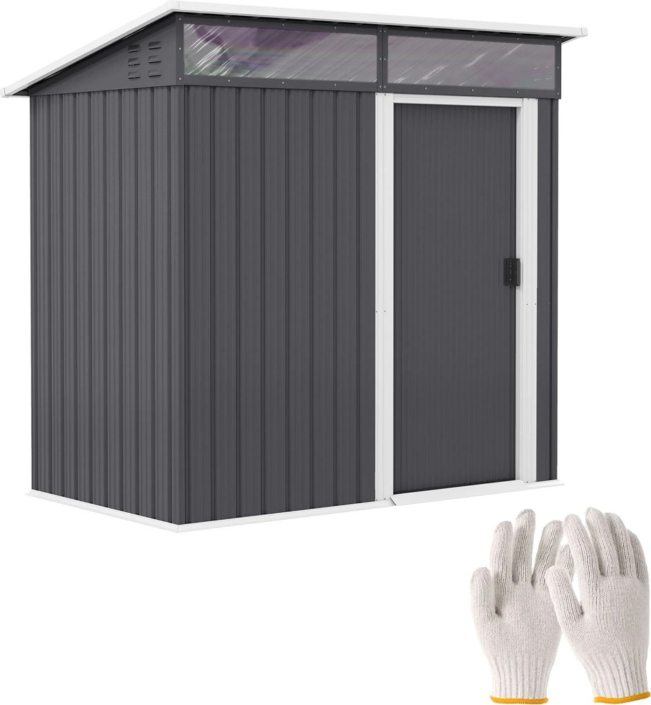 Outsunny Fém Szerszámtároló 1.9m² 195x122x182cm Alapzattal, Ferde Tetővel, Ablakkal és Tolóajtóval, Kampókkal, Időjárásálló Kerti Szerszámtároló Sötét