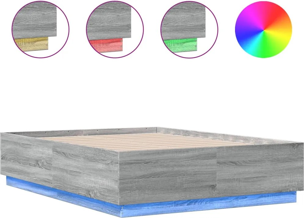 vidaXL szürke sonoma színű szerelt fa ágykeret LED-del 135 x 190 cm
