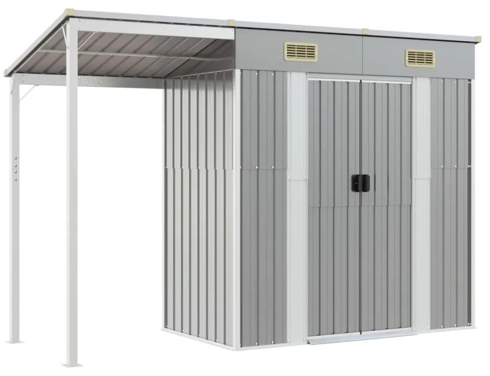 világosszürke acél kerti fészer meghosszabbított tetővel 277 x 107 x 181 cm
