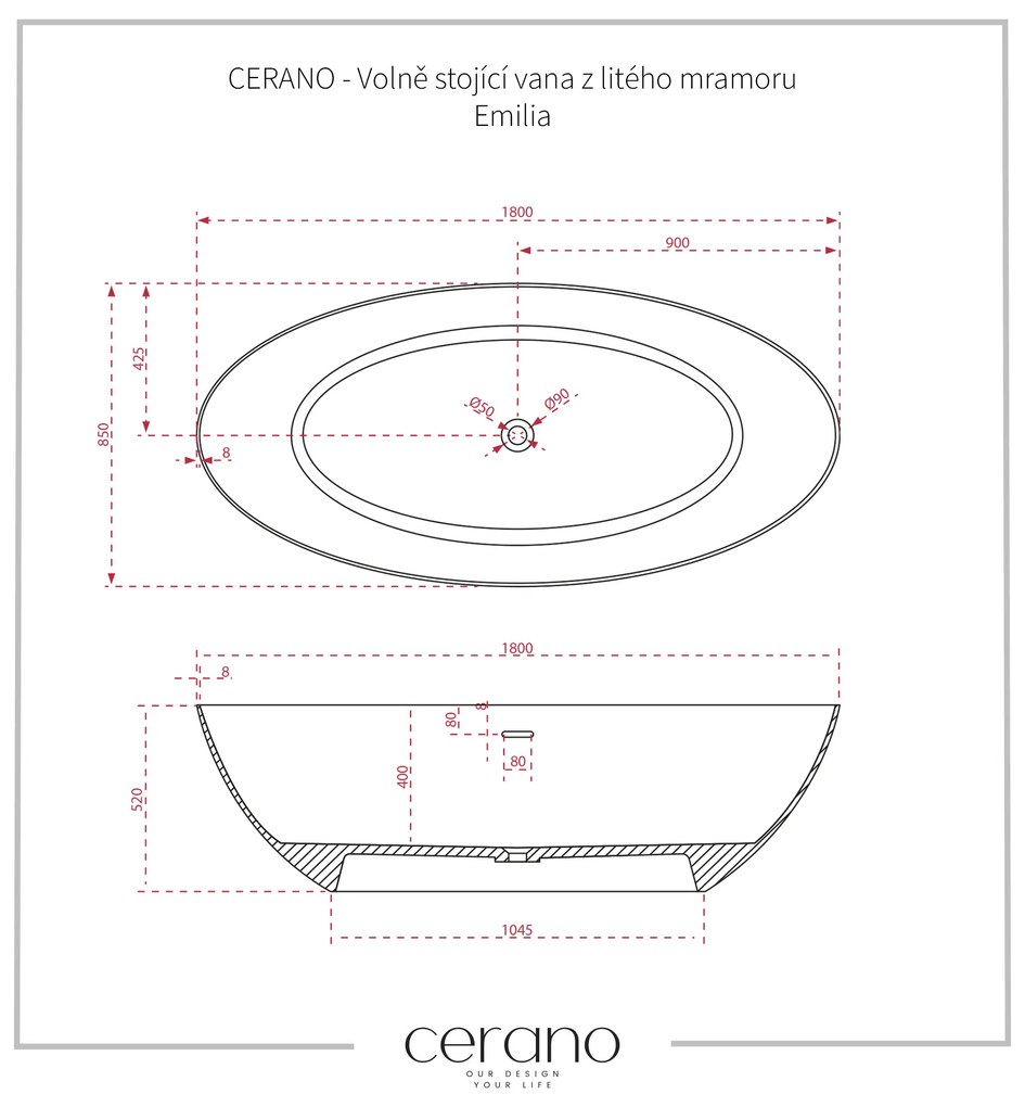 Cerano Emilia, szabadon álló öntött márvány kád 180x85cm, fekete matt, CER-CER-417539