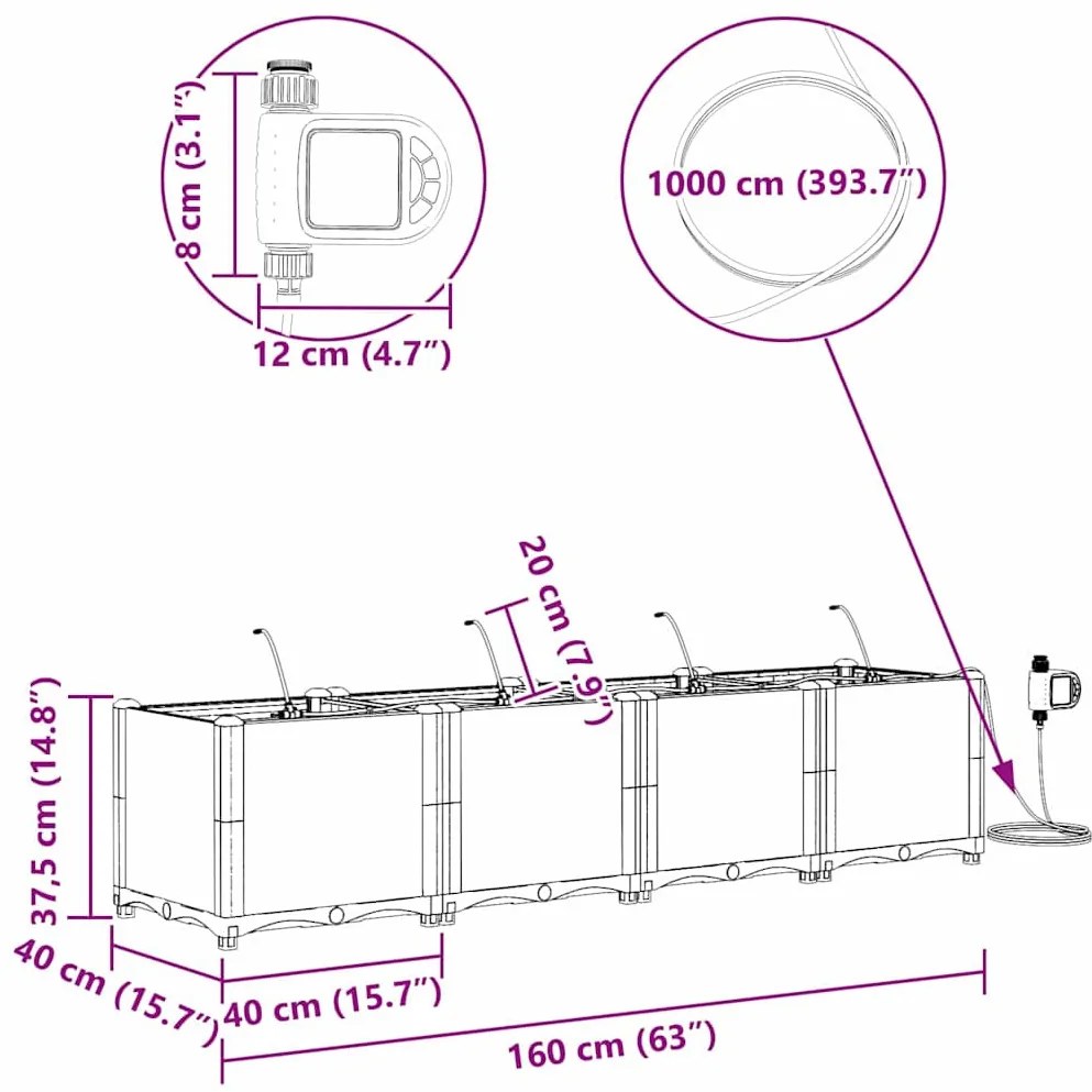 Kerti ültetők Fekete 160 x 40 x 37.5 cm Acél