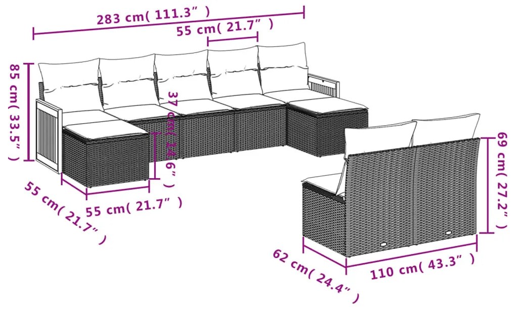 9 részes szürke polyrattan kerti ülőgarnitúra párnákkal
