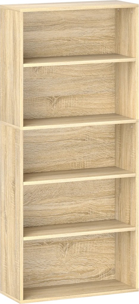 HOMCOM Könyvespolc, 5-Szintes Tárolópolc, Könyvespolc Állítható Polcokkal Nappaliba, Hálószobába, Irodába, 60 x 24 x 133,5 cm, Természetes fa | Aosom