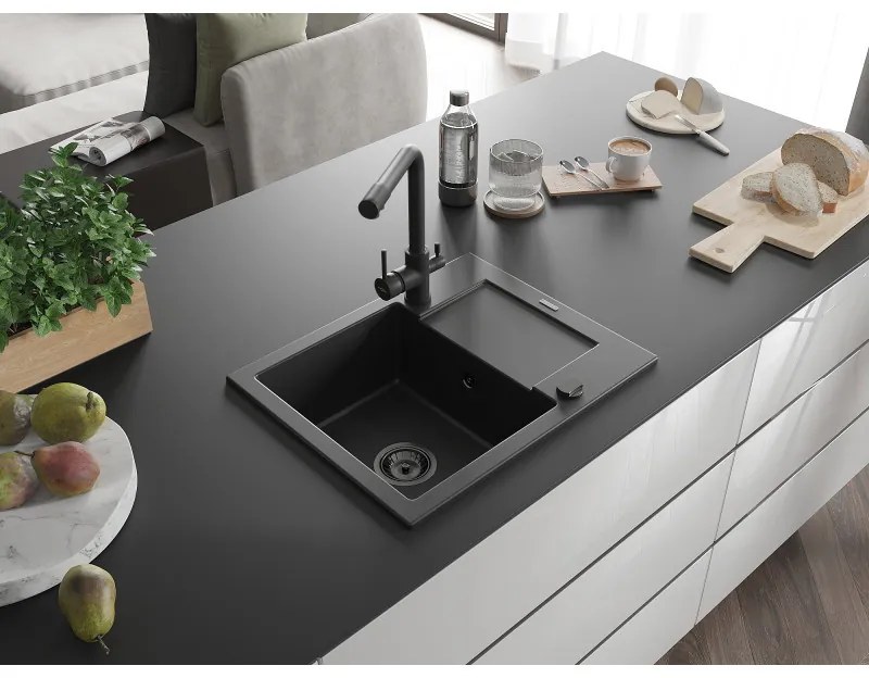 Mexen Enzo, gránit mosogató 576x465x174 mm, 1 kamrás, fekete Duero csaptelep, fekete, 6506-77-671600-70-B
