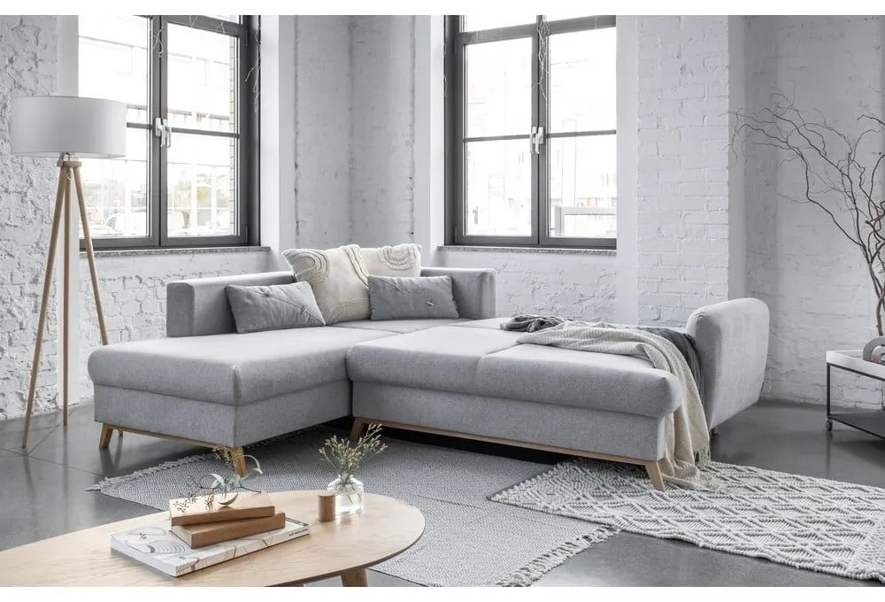 Világosszürke kinyitható-tárolóhelyes sarokkanapé (bal oldali-L alakú) Scandic Lagom – Miuform