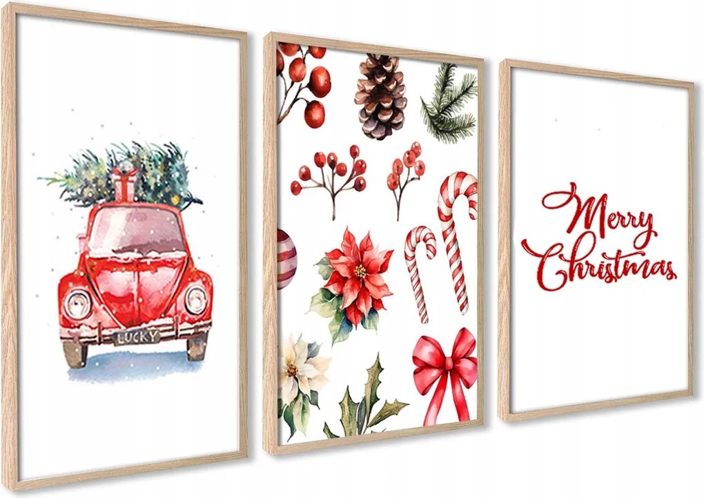 Karácsonyi Poszter Szett Piros Autó Feliratok Fali Képek Keretekkel