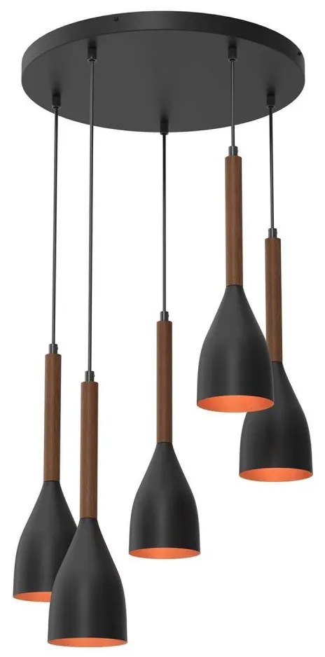 Csillár zsinóron MUZA 5xE27/15W/230V fekete/barna/réz/bükkfa