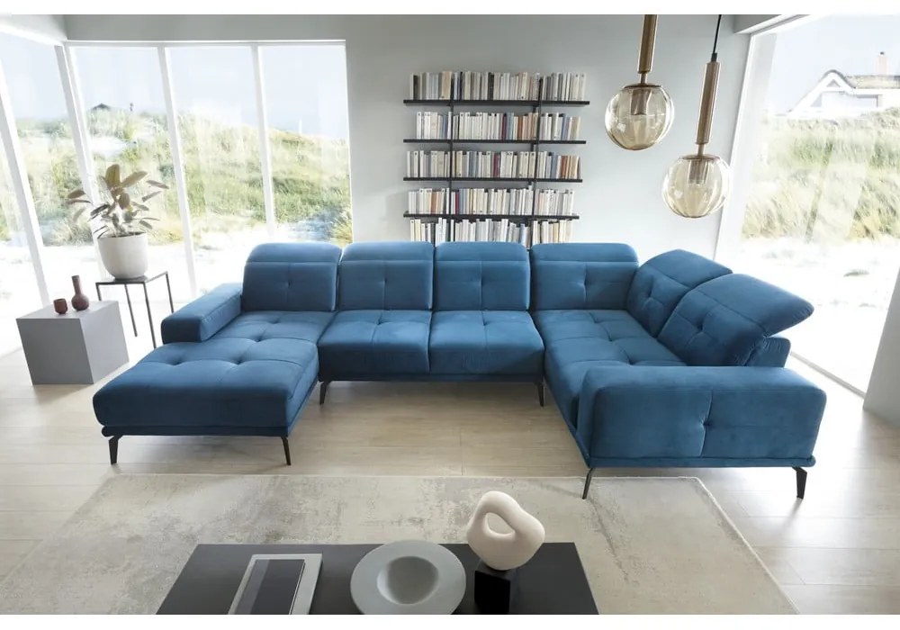 Kék bársony sarokkanapé (jobb oldali-U alakú) Neviro – ELTAP