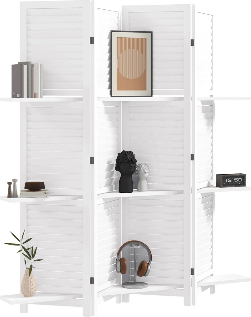 HOMCOM 4-Panel Fa Szobai Elválasztó Hajtható Partíció 3 Leválasztható Polccal Zsalugáteres Kialakítással Hálószobába Irodába 160x170 cm Fehér | Aosom