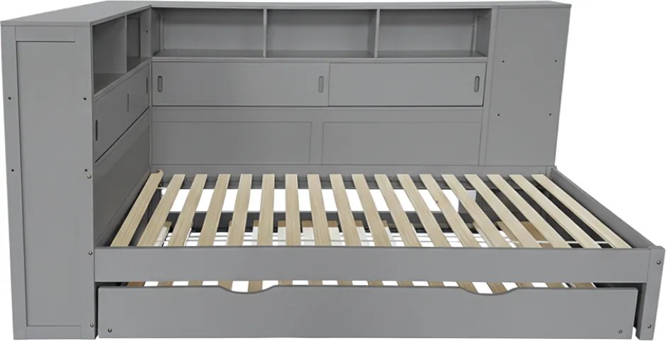 Ágy polcokkal és pótággyal, szürke, 90x200, LENDON