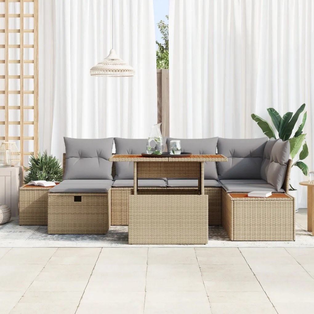7 darabos kerti kanapé szett párnákkal Bézs Poly Rattan Akácia