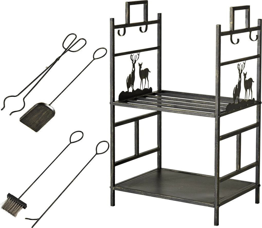 Outsunny Tűzifatároló Tűzkészlethez, Fekete+Arany Kályhás Logtároló, 51,5x33x77 cm | Aosom