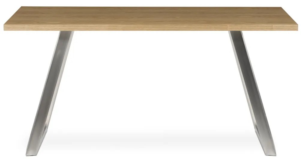 Masă de dining 160x90 cm, MDF + furnir, nuanță stejar, picioare metalice, oțel inoxidabil periat.