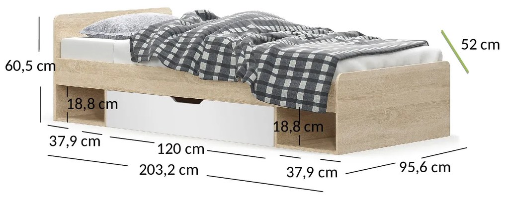 Egyszemélyes ágy 90 cm Terrell (szonoma tölgy + fehér) (matrac és ágyrács nélkül). 1053300