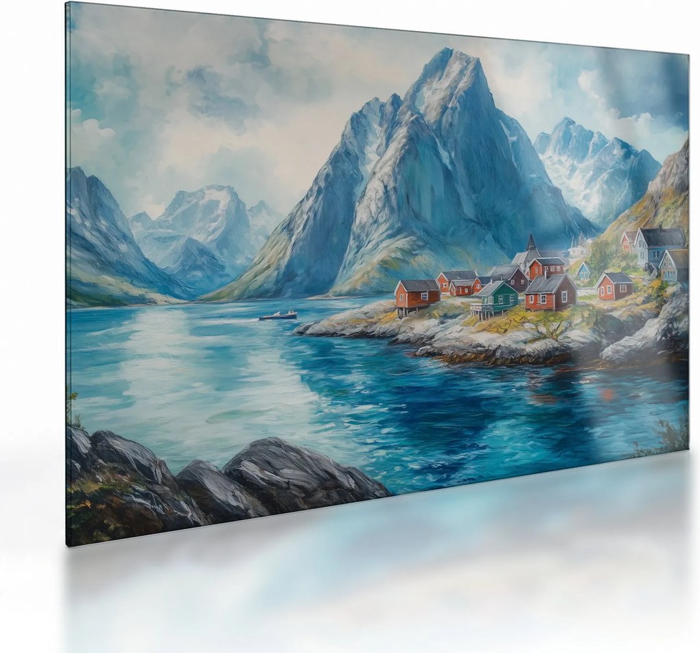 Üveg kép - Norvég falu (70x50 cm)