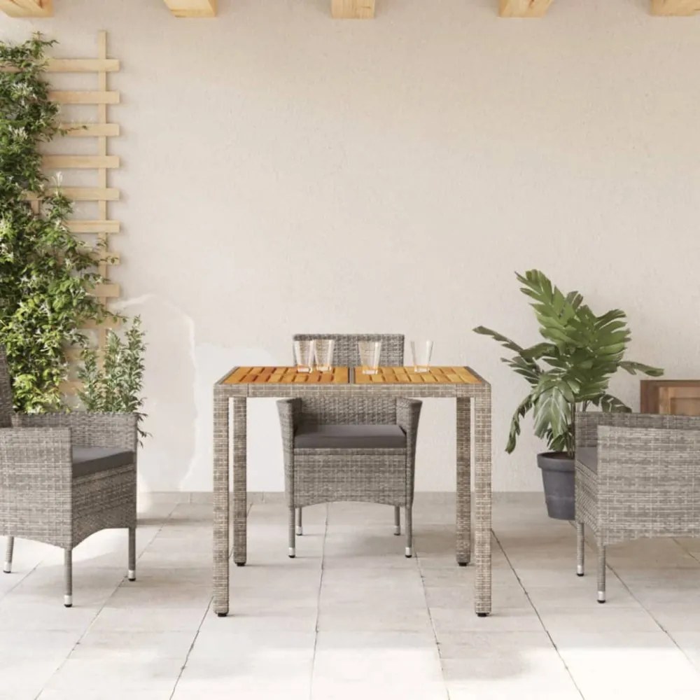 szürke polyrattan kerti asztal akácfa lappal 90 x 90 x 75 cm