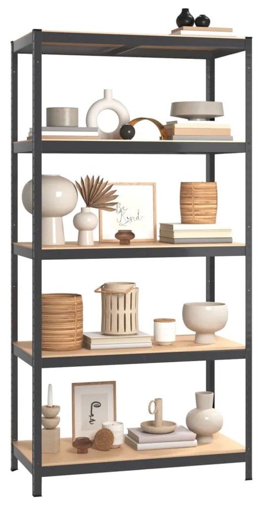 5 szintes antracitszürke acél és szerelt fa tárolópolc