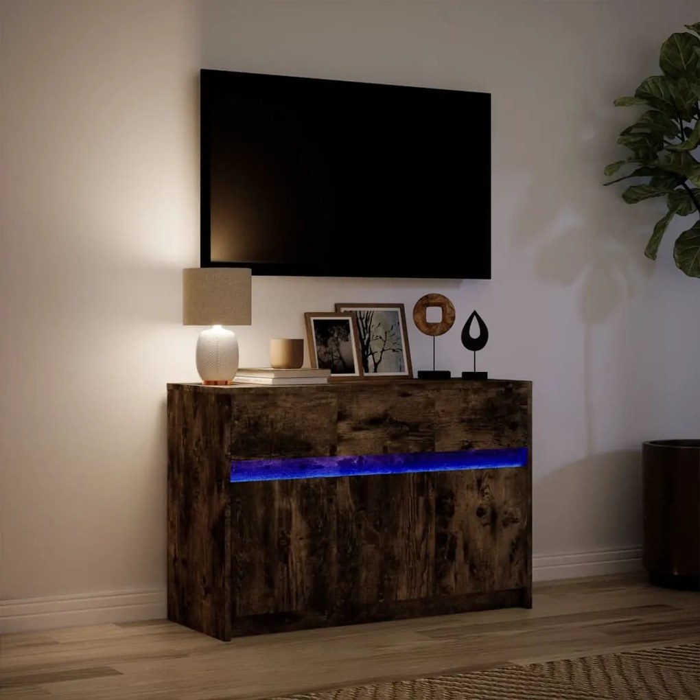 füstös tölgy színű szerelt fa LED-es TV-szekrény 91x34x61 cm