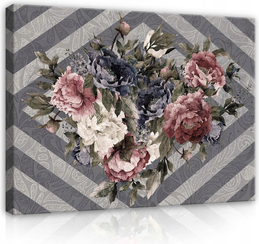 Vászonkép 100x75 Virágcsokor bazsarózsa rózsa vintage elegáns pasztell színek
