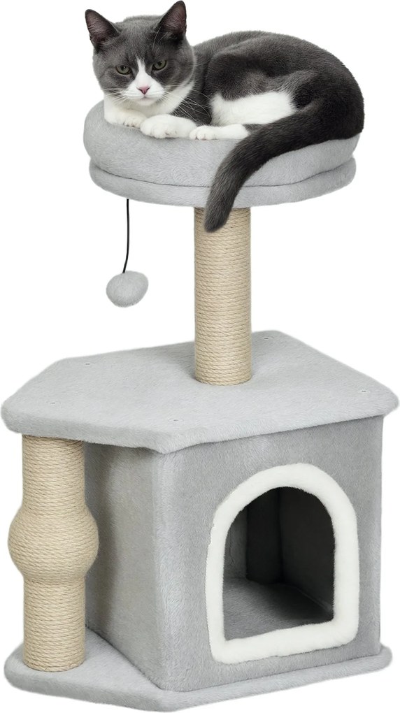 PawHut 66 cm magas macska kaparófa macska fával, bújócéllal, platformmal, függő gömbbel és juta poszttal - Világosszürke | Aosom