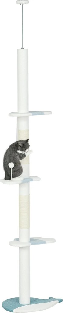 PawHut Mennyezeti Macska Kaparóoszlop, Állítható Polccal 225-255 cm-ig, Labdával, Platformokkal és Bálna Alakú Alappal, Fehér | Aosom