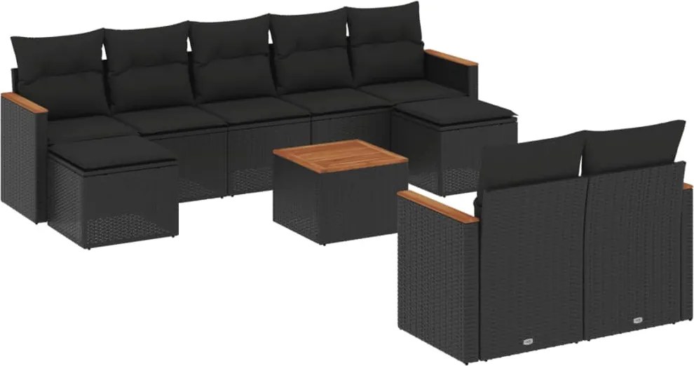 vidaXL 10 részes fekete polyrattan kerti ülőgarnitúra párnákkal