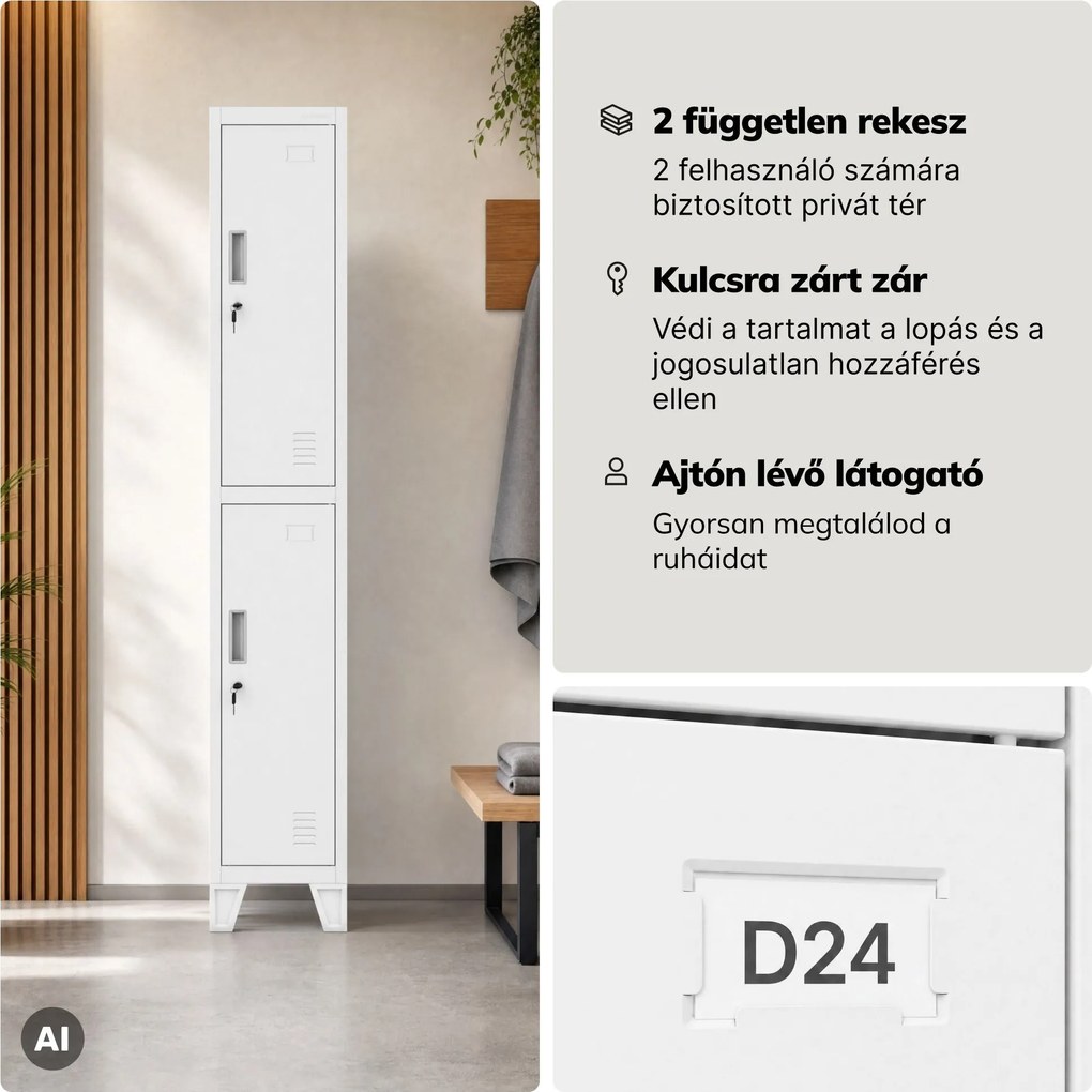 Öltözőszekrény fém munkahelyi mély 2 ajtós fehér, 292x1720x600 mm: BARTEK 1 Plus D600