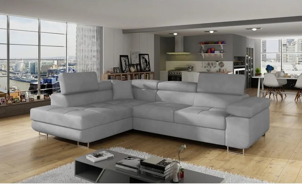 Világosszürke bársony kinyitható-tárolóhelyes sarokkanapé (bal oldali-L alakú) Anton – ELTAP