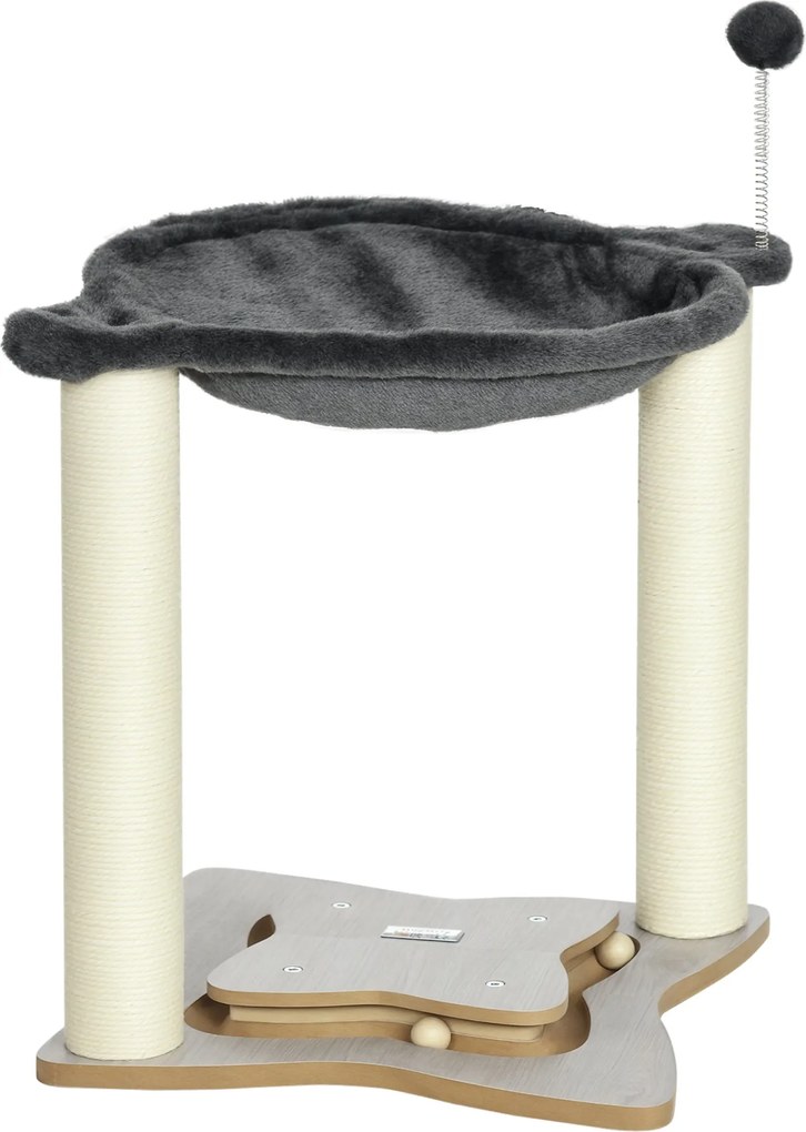 PawHut Macska Kaparófa Macskák Számára Legfeljebb 5kg, Függőággyal, Játék Balla és Zsineg Oszlopokkal, MDF és Plüss Macska Torony, 53.5x53.5x66cm, Szü