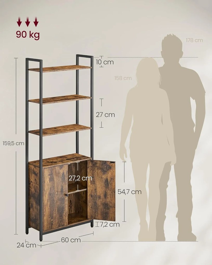 Könyvespolc, 6 szintes, állópolc ajtókkal, 24 × 60 × 159,5 cm, vintage barna–tintafekete