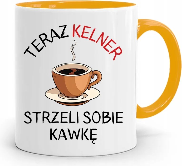 Pincérnek Sárga Bögre Lő Magának Egy Kávét fényképes nyomtatással