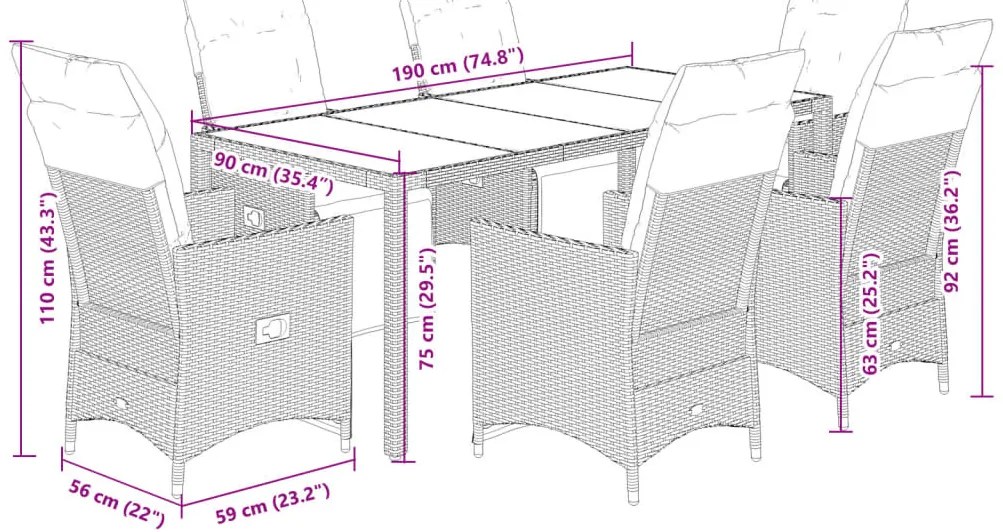 vidaXL 7 részes szürke polyrattan kerti bisztrógarnitúra párnákkal