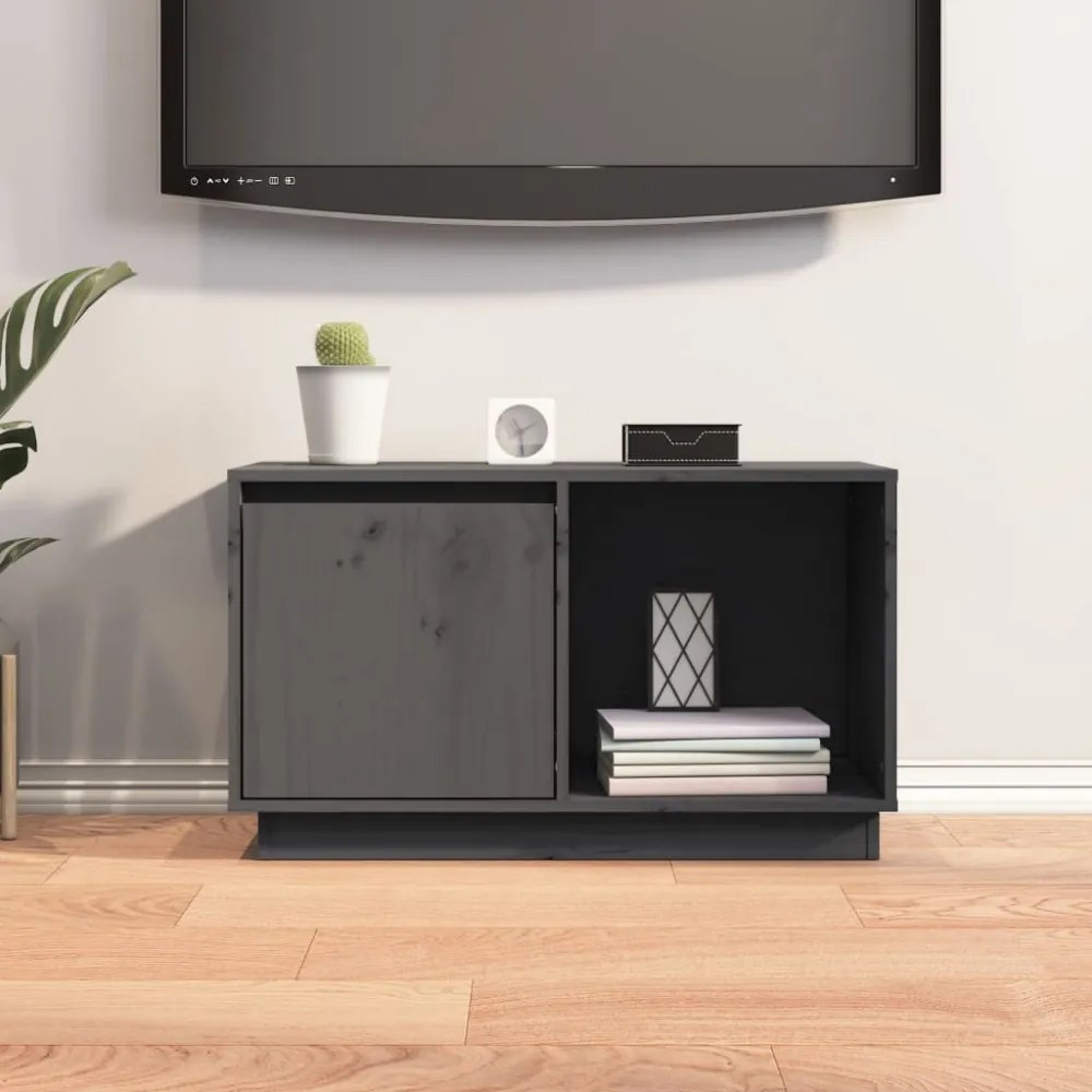 szürke tömör fenyőfa TV-szekrény 74x35x44 cm
