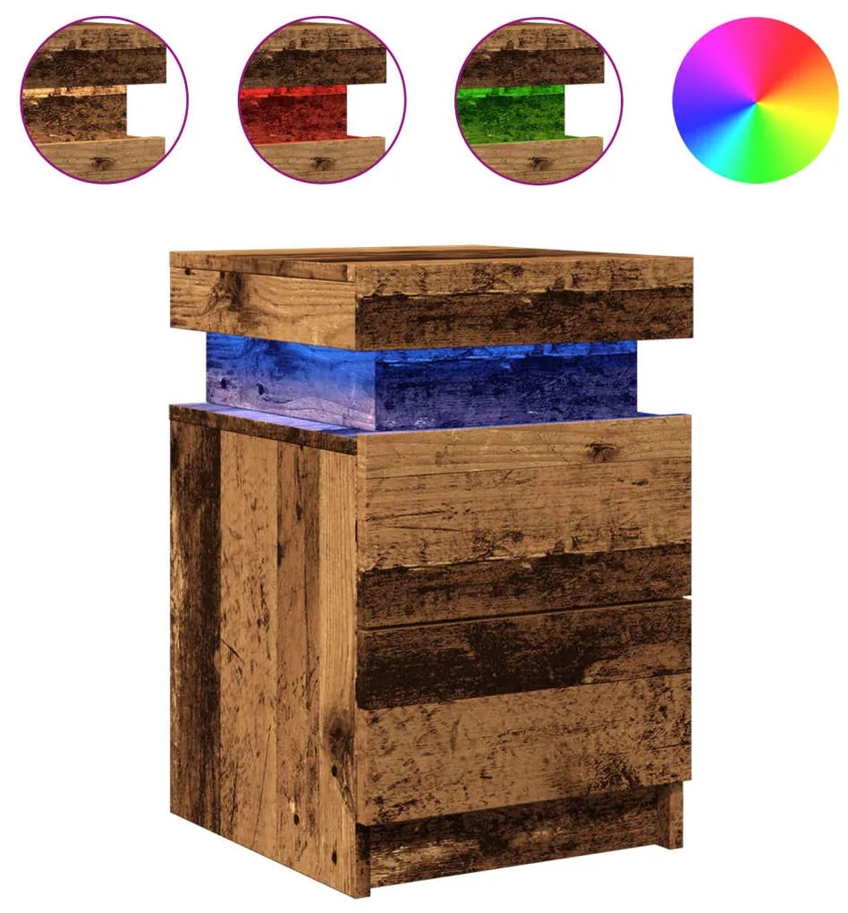 2 db antik fa színű szerelt fa LED-es éjjeliszekrény 35x39x55cm