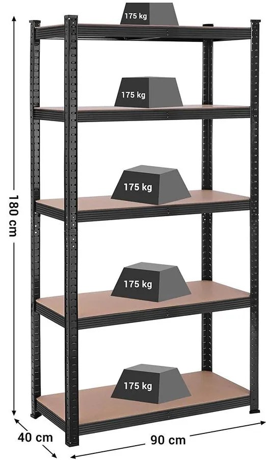 Fém tároló polc, 5 szintes salgó polc 90 x 180 x 40 cm, fekete