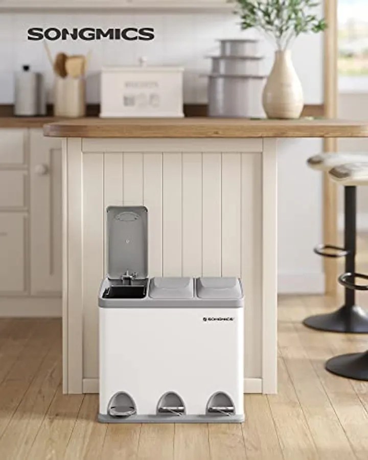 3 x 8 literes konyhai szemetes tetővel, fém pedálos, acél, könnyen tisztítható, fehér és szürke