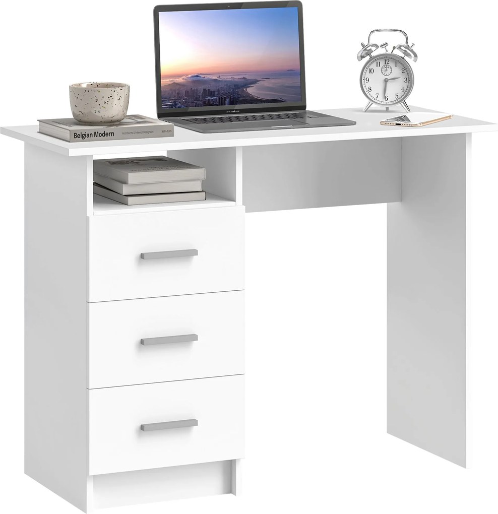 HOMCOM Modern Helytakarékos Íróasztal 3 Fiókkal és Nyitott Polccal, Fa Íróasztal a Hivatalba, Tanulásra és Hálószobába, 100x40x75 cm, Fehér | Aosom