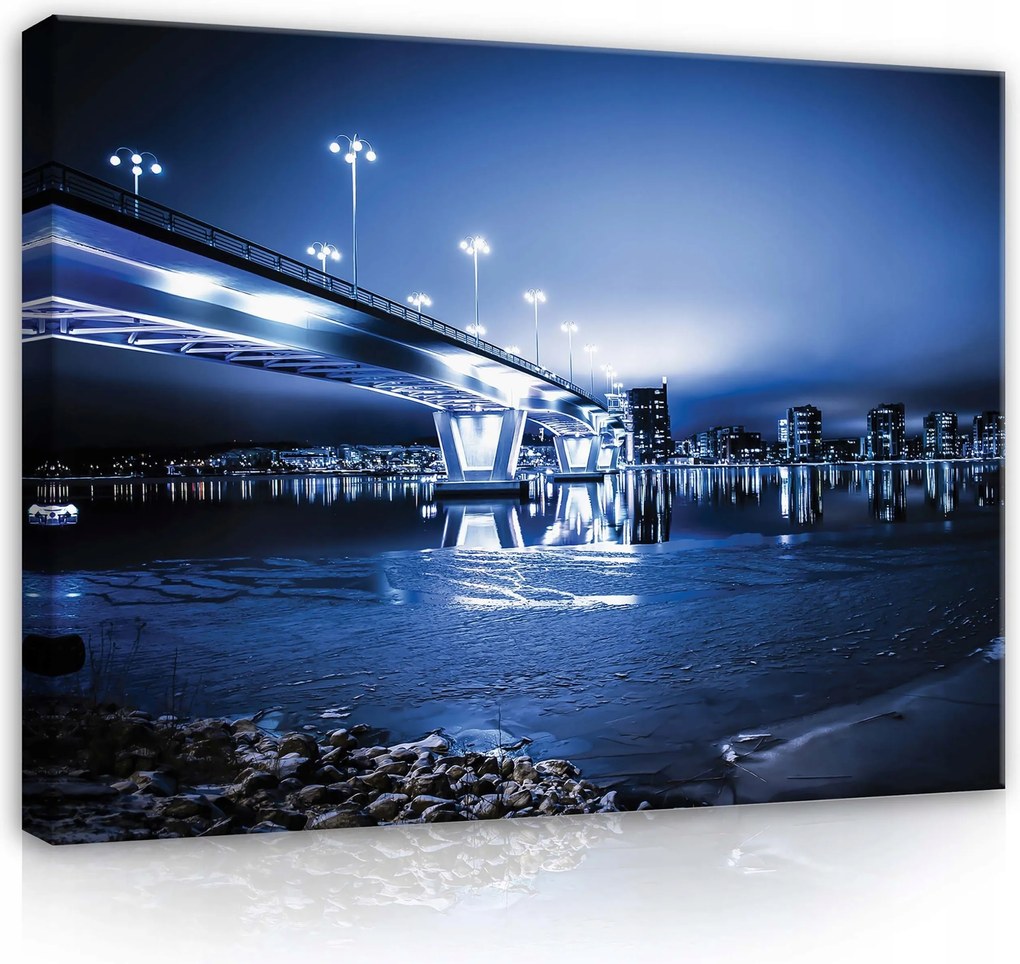 Vászonkép 80x60 Éjszakai város híd tükröződés víz fény mozgás dinamika