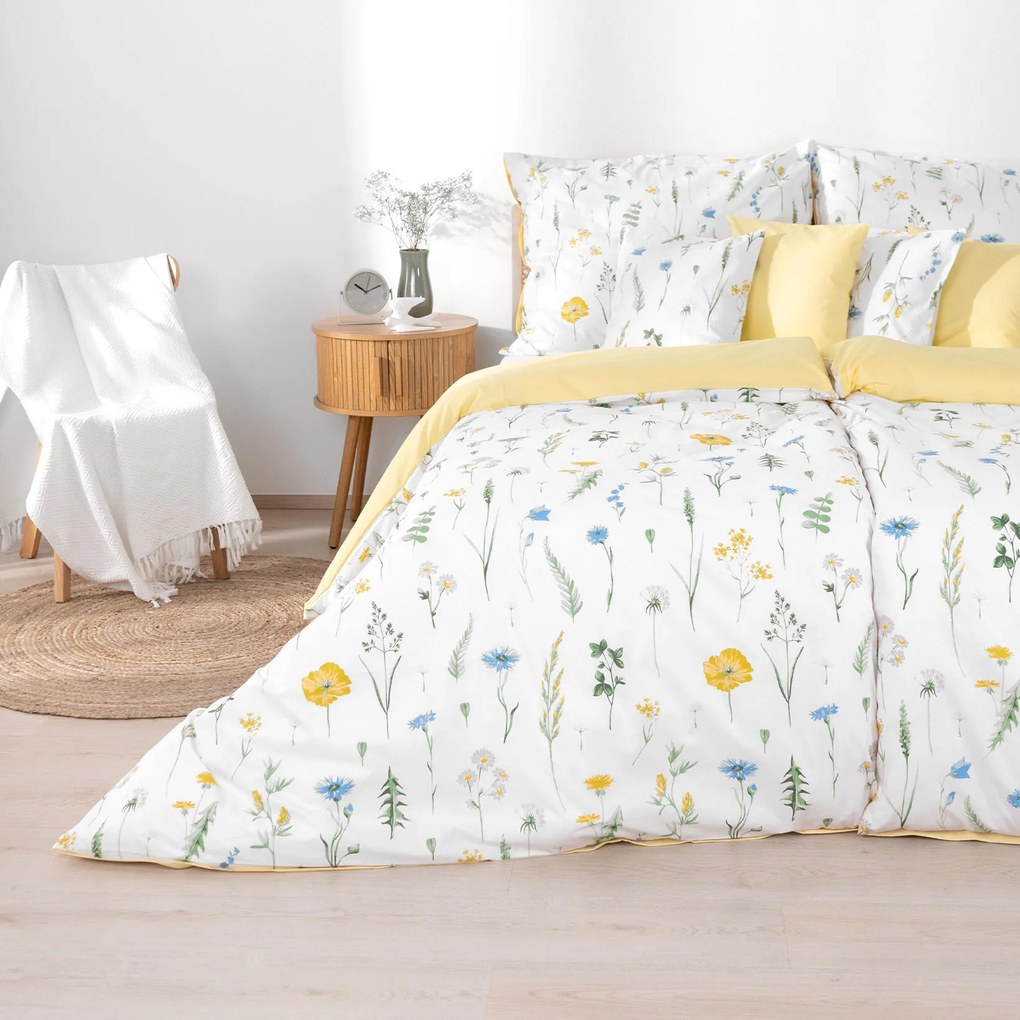 Goldea pamut ágyneműhuzat duo - magyar rét, banán színű hátoldal 200 x 200 és 2db 70 x 90 cm