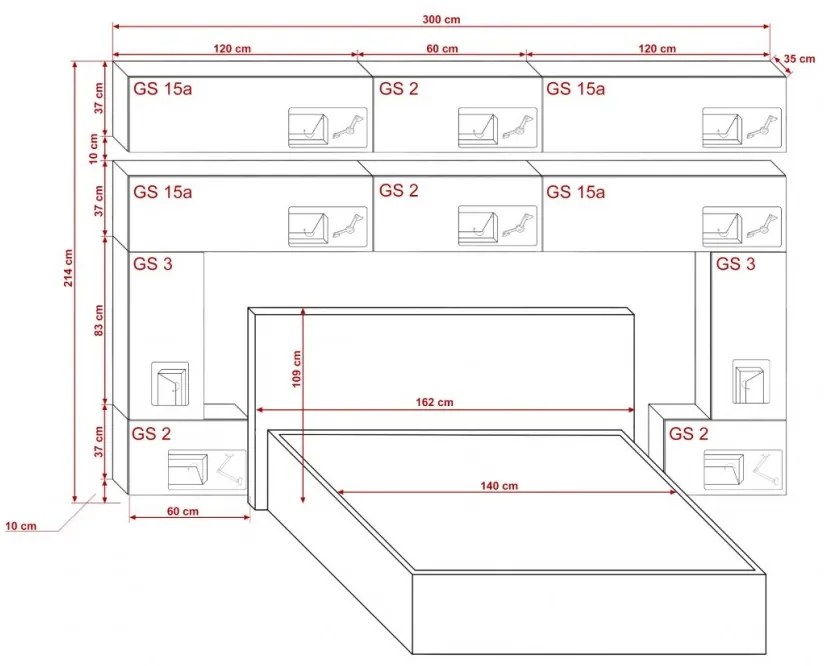 Prince Panama 5 hálószoba bútor magasfényű fekete (300cm)